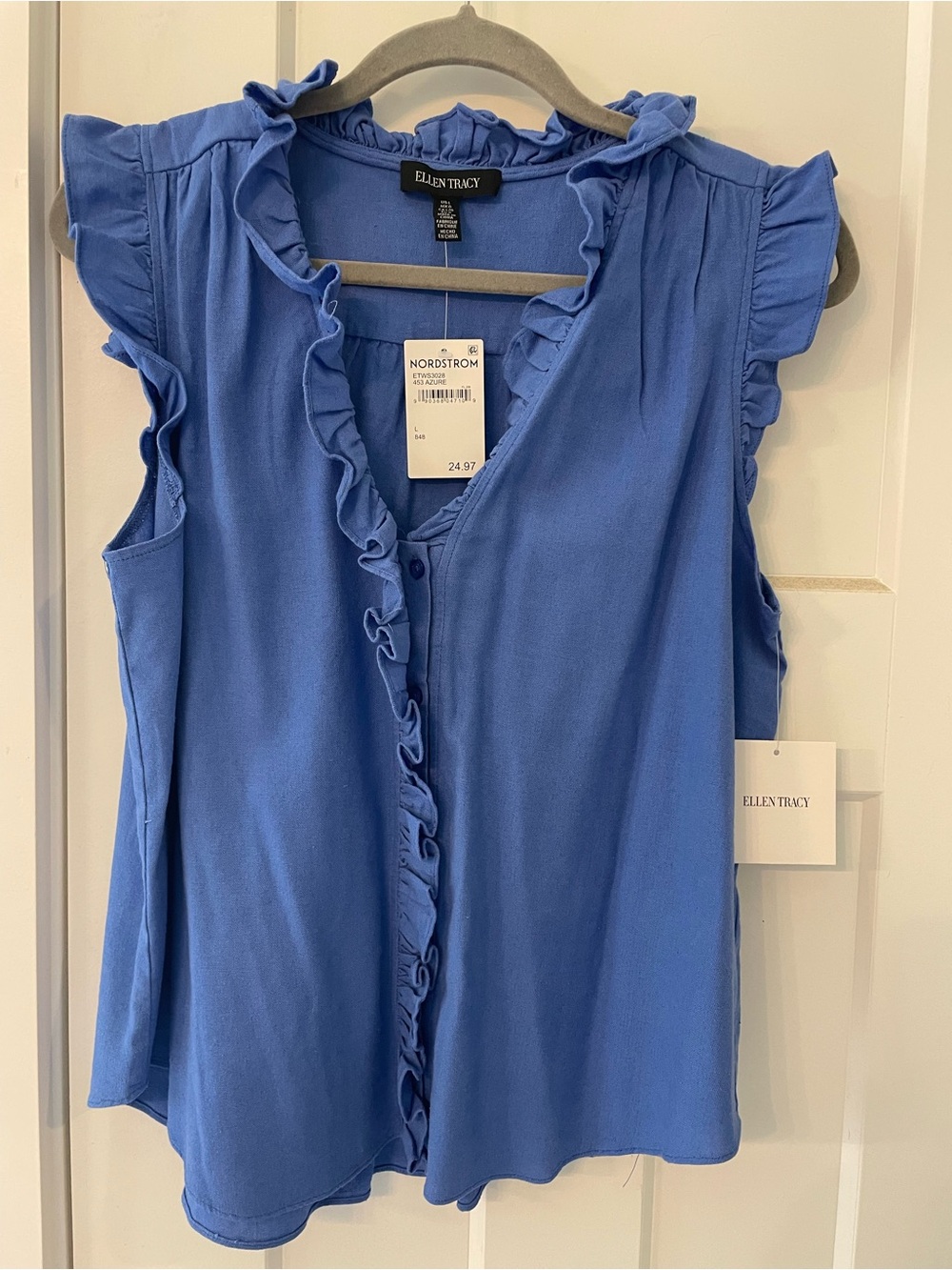 Ellen Tracy Royal Blue Ruffle-Trim Button Front Blouse
